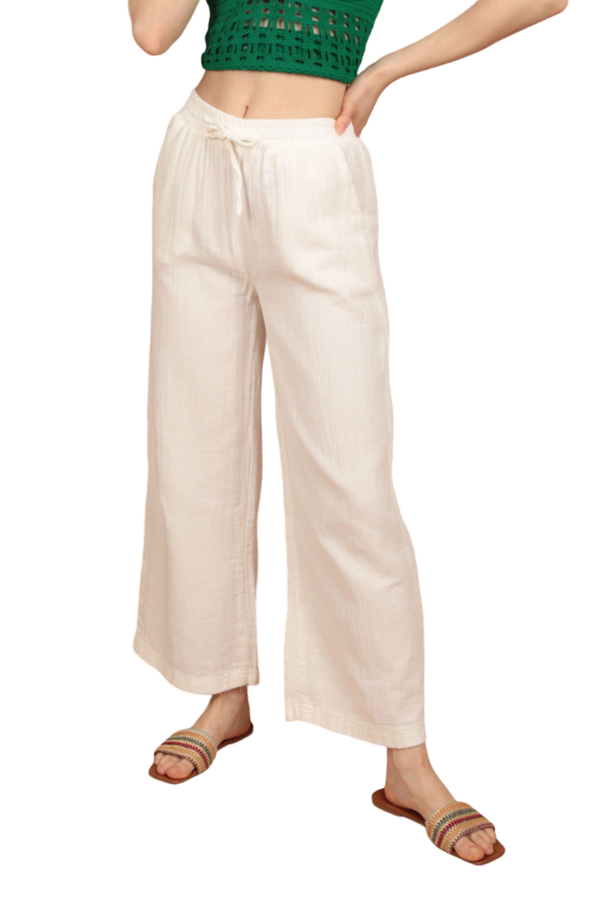 Muslin Fabric (%100 Cotton) Elastic Waist, Wide Leg Women's Trousers - Ecru