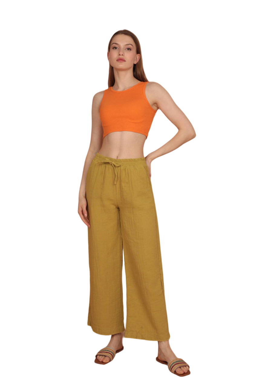 Muslin Fabric (%100 Cotton) Elastic Waist, Wide Leg Women's Trousers - Oil Green