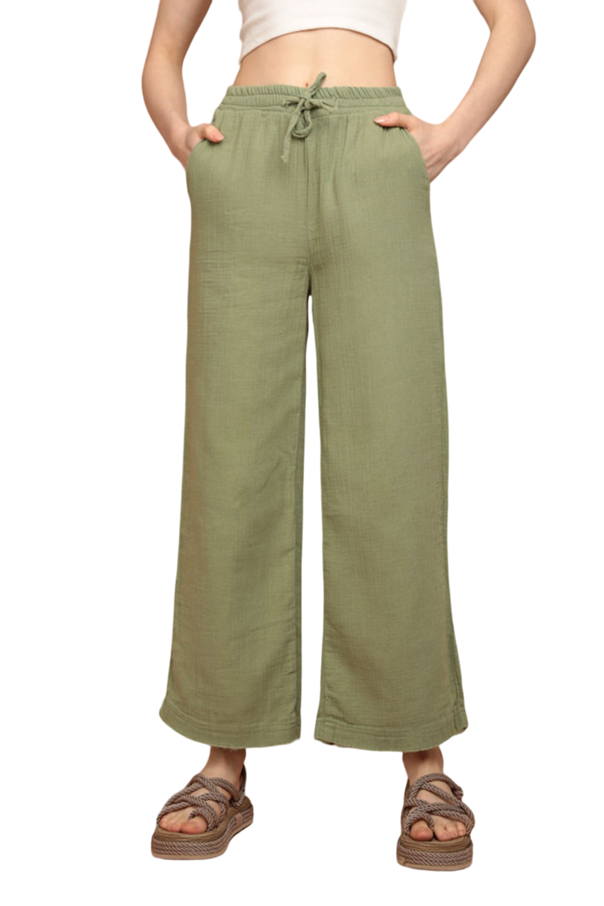 Muslin Fabric (%100 Cotton) Elastic Waist, Wide Leg Women's Trousers - Light Green