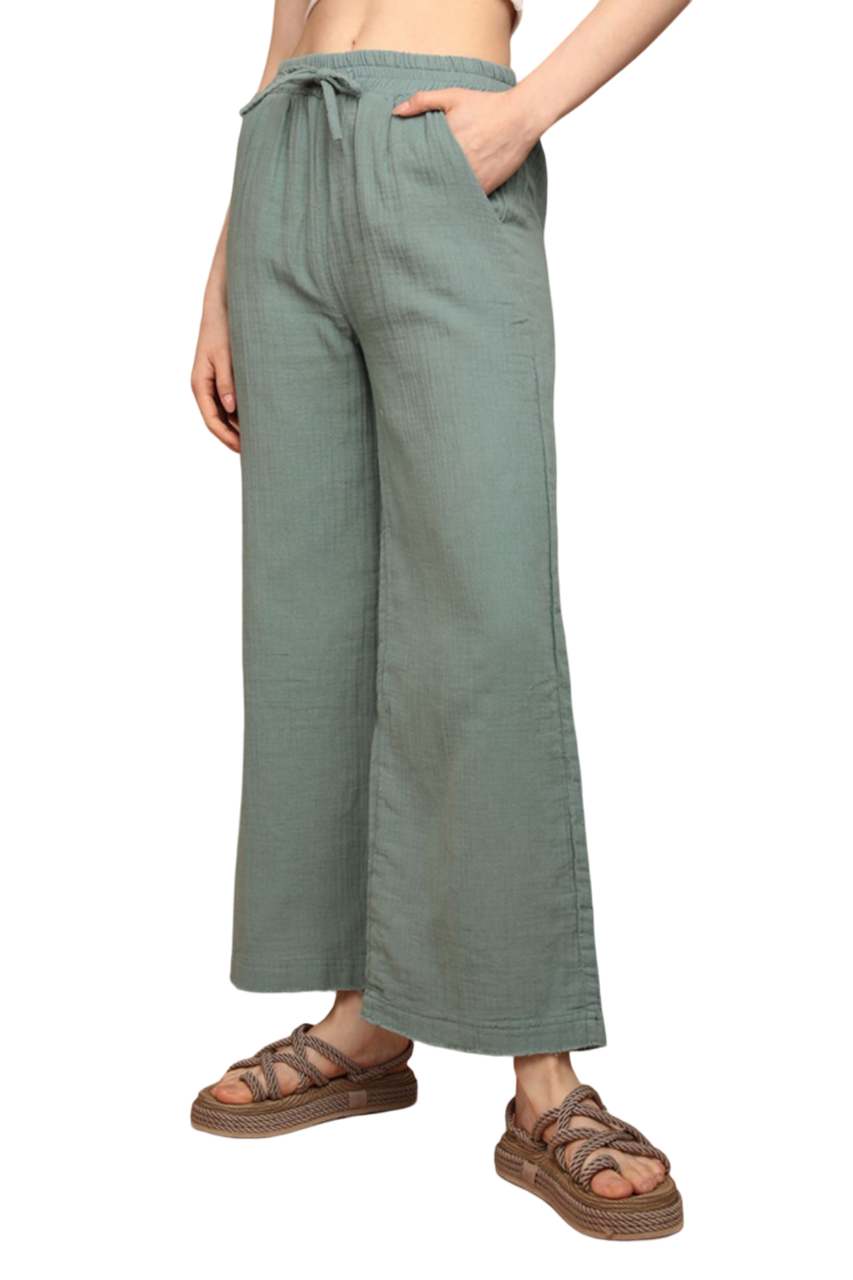 Muslin Fabric (%100 Cotton) Elastic Waist, Wide Leg Women's Trousers - Dark Green
