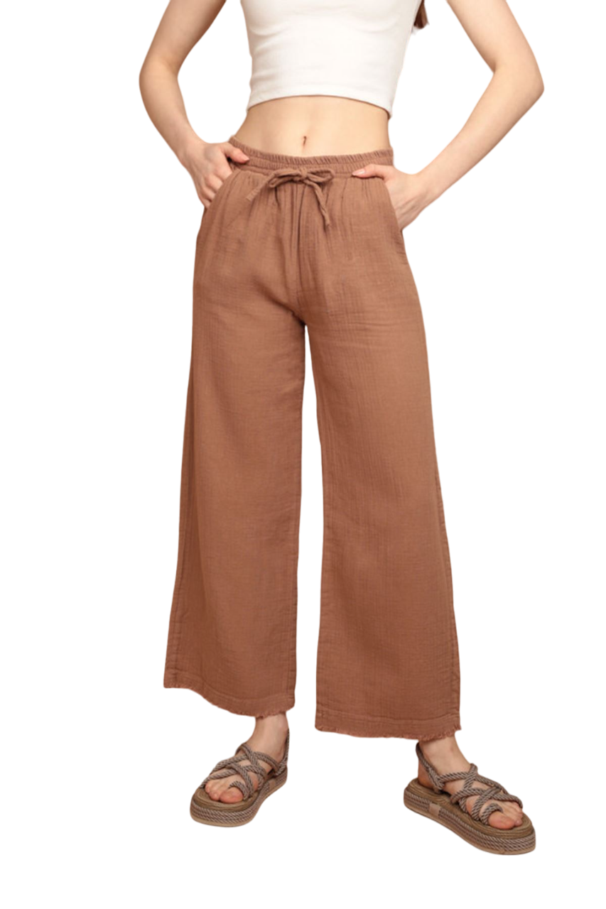 Muslin Fabric (%100 Cotton) Elastic Waist, Wide Leg Women's Trousers - Mink