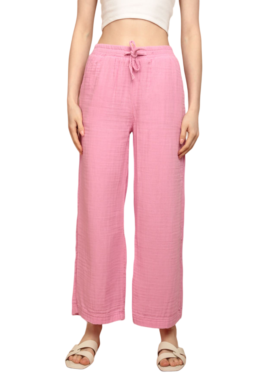Muslin Fabric (%100 Cotton) Elastic Waist, Wide Leg Women's Trousers - Pink
