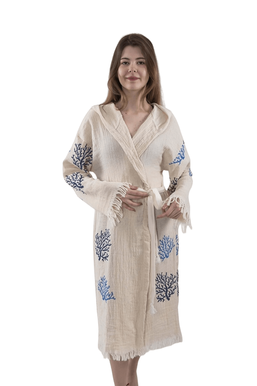 Cotton Kimono Wood Block Printed Hooded Handmade Nightwear Robe Gown Dress