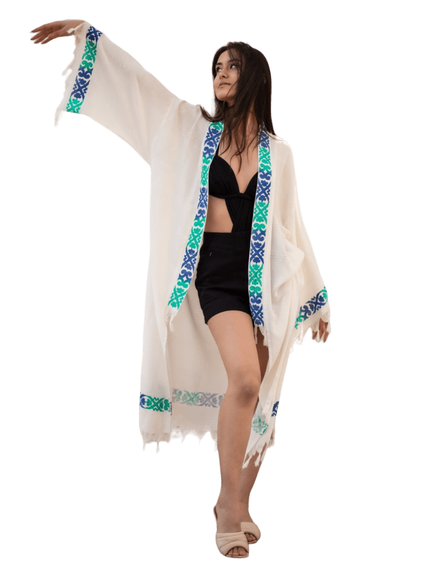 Bamboo and Cotton Kimono Wood Block Printed Handmade Nightwear Robe Gown Dress