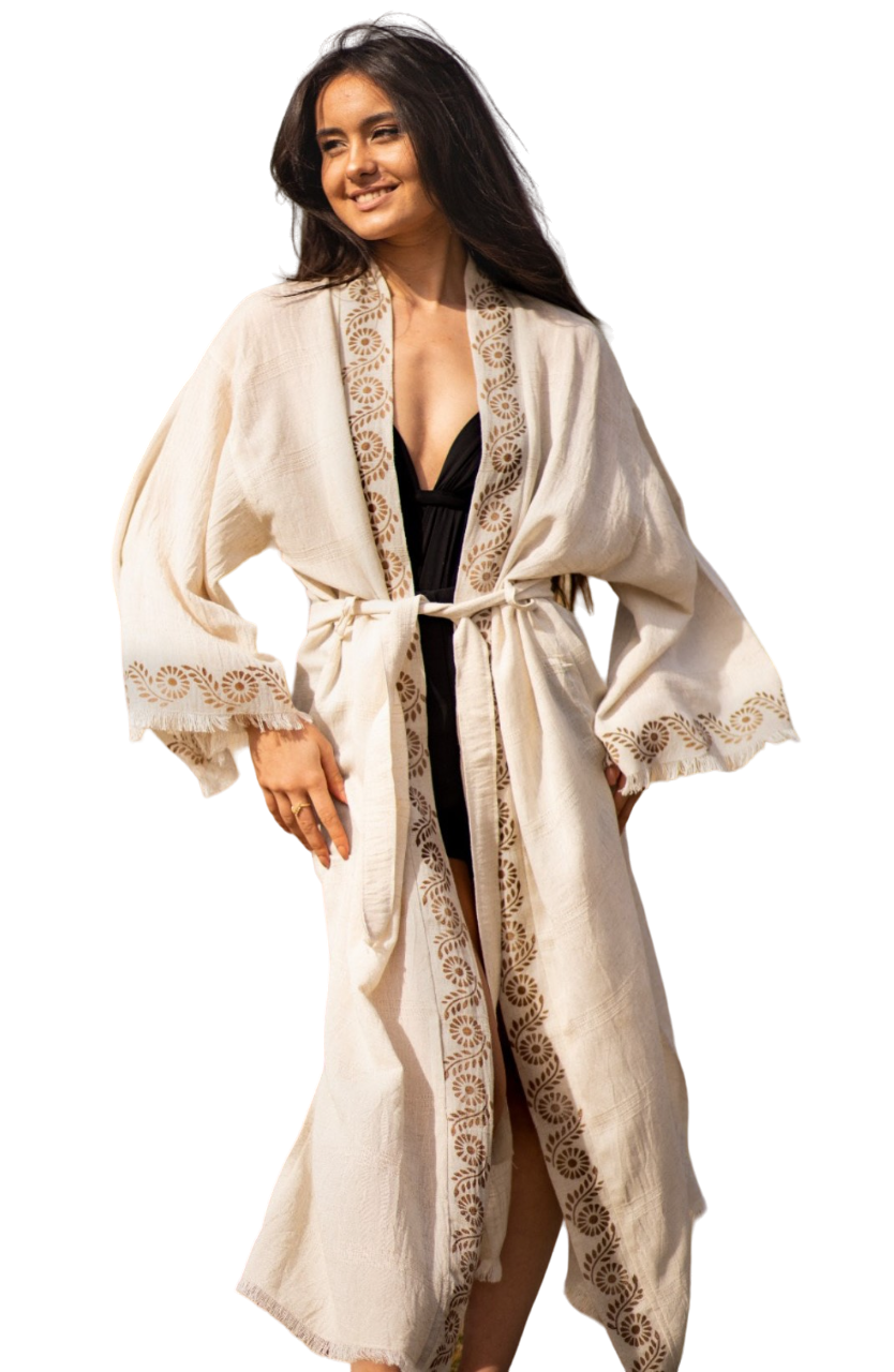 Traditional Wood Block Printed Handmade Linen Kimono & Beach Cover Up