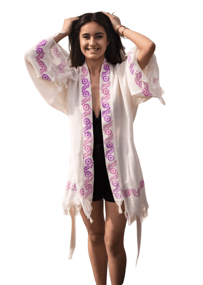 Bamboo and Cotton Kimono Wood Block Printed Handmade Nightwear Robe Gown Dress